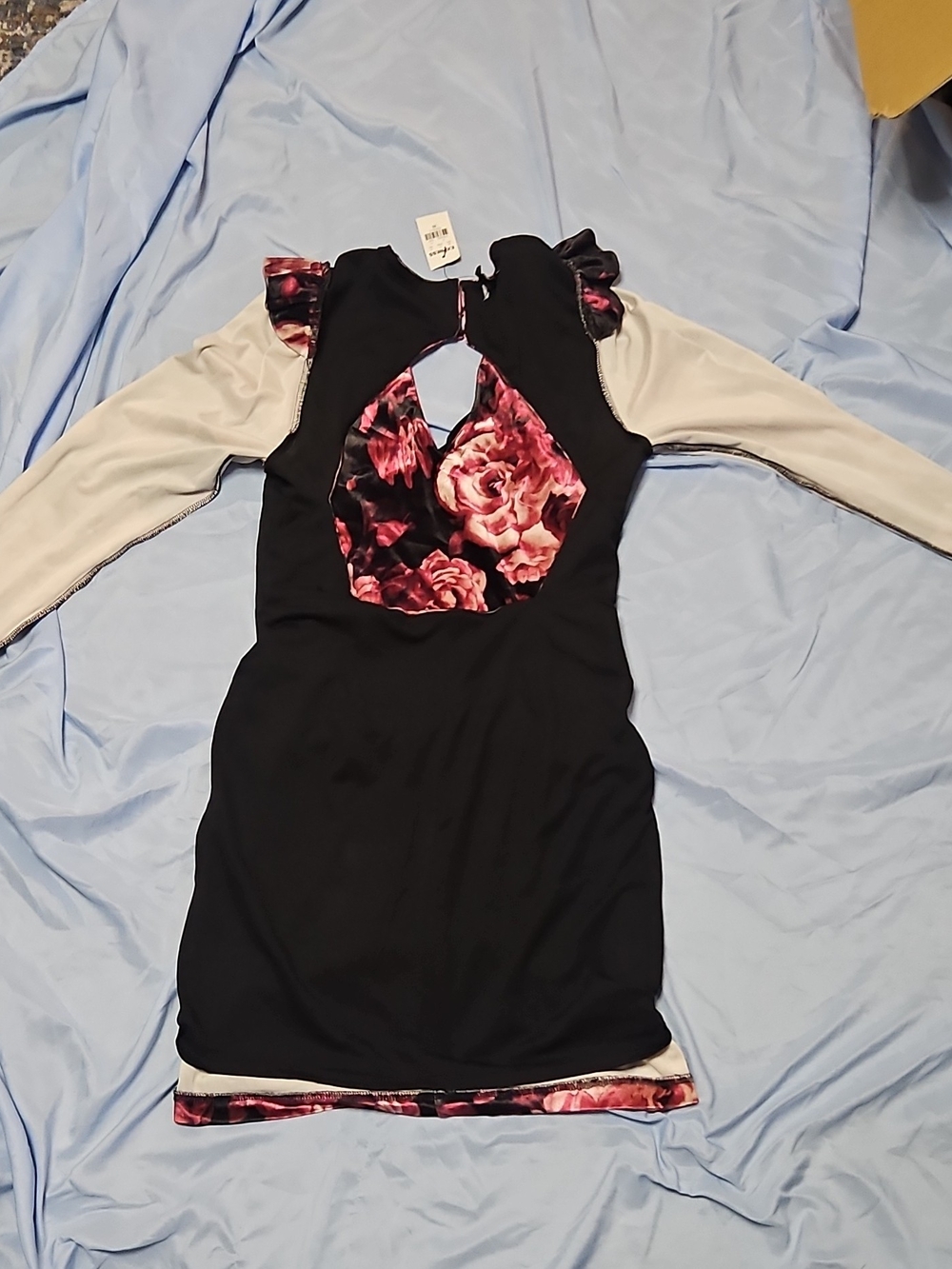 Express Black Dress with Pink Floral Cutout and Cream Sleeves
